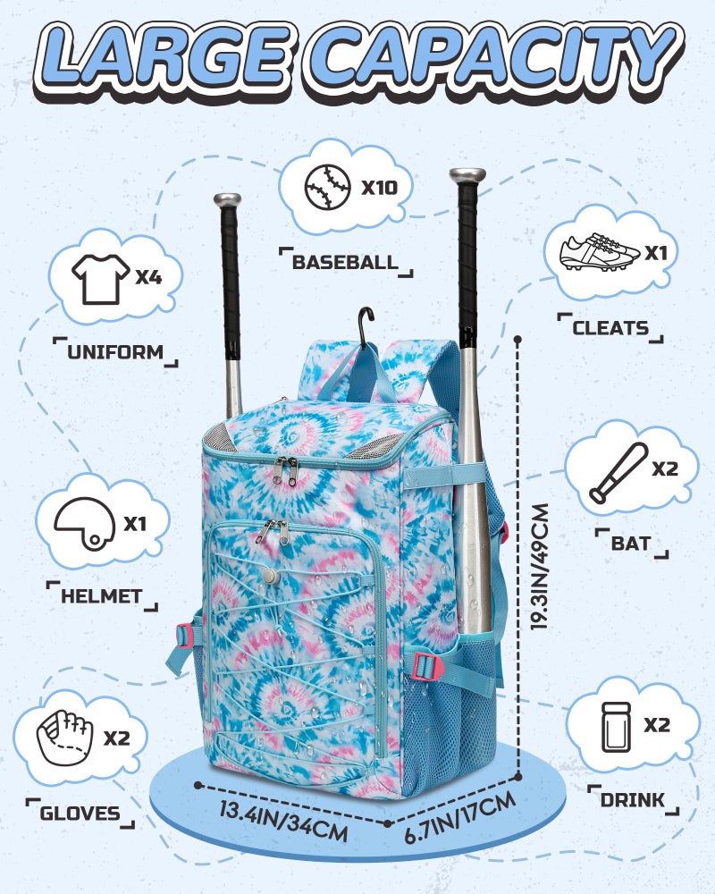 FOKDUVB Baseball Softball Gear Bag Backpack for Boys Girls Ages 8-12 12-14 Large Kids Youth Bat Bag with Ventilated Shoe Compartment Baseball Softball Players Stuff Supplies (Light Blue, Tie-Dye) - Image 2