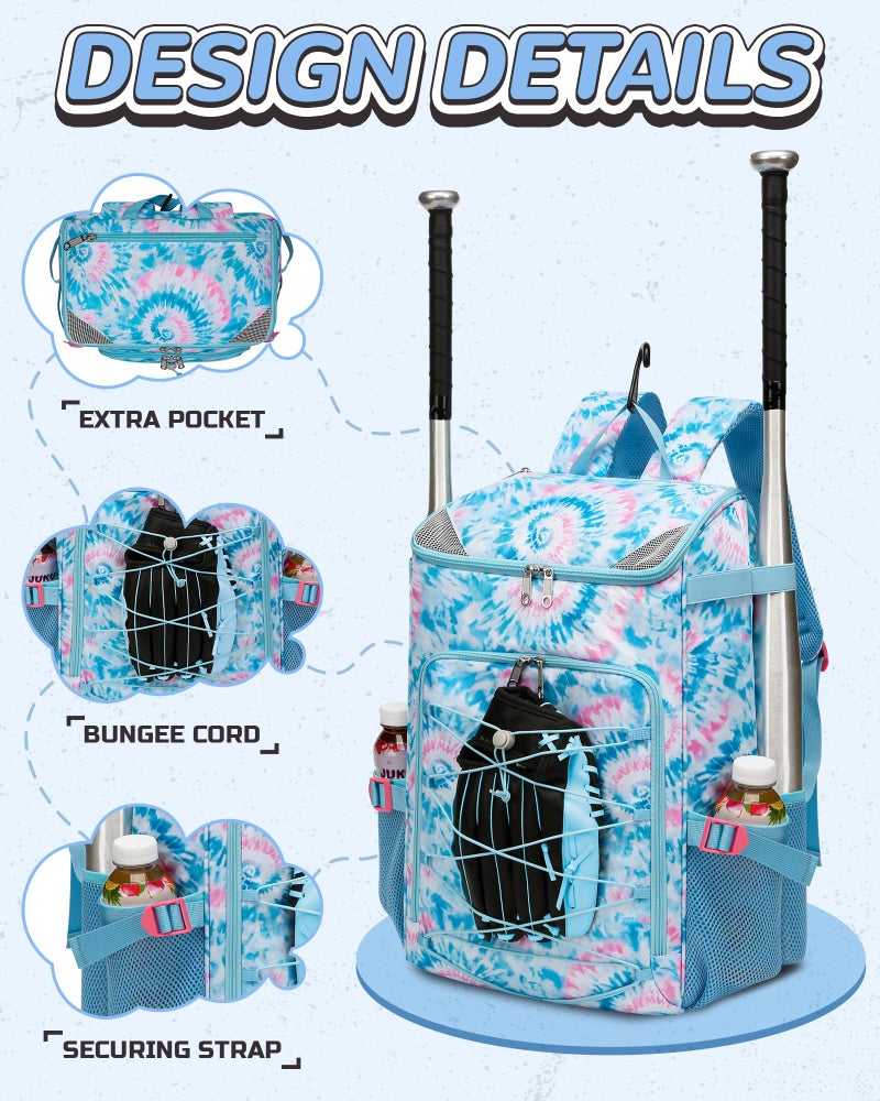 FOKDUVB Baseball Softball Gear Bag Backpack for Boys Girls Ages 8-12 12-14 Large Kids Youth Bat Bag with Ventilated Shoe Compartment Baseball Softball Players Stuff Supplies (Light Blue, Tie-Dye) - Image 4