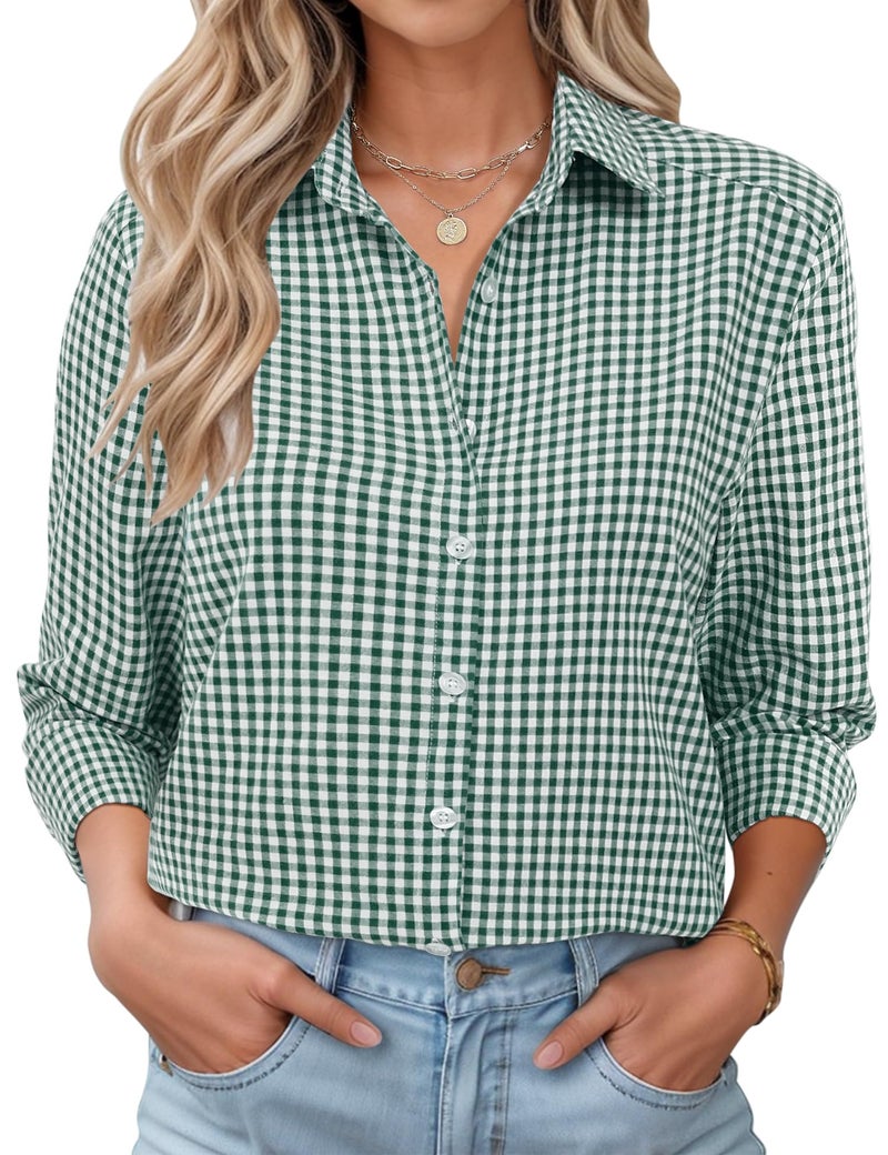 LOMON Long Sleeve Shirts for Women Dressy Casual Blouses Formal Button Down Tops Dark Green and White Plaid M