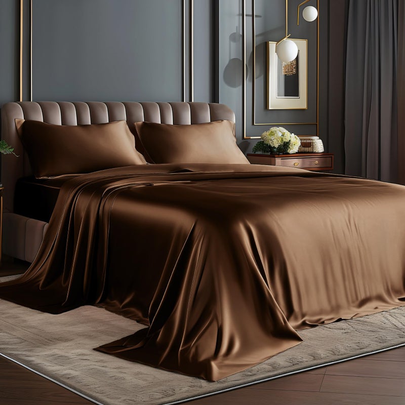 BEDELITE King Size Sheets Set  Luxury Soft Brown Satin Sheets for Hair and Skin  Similar to Silk Bed Sheets Set 4 Pieces with 1 Deep Pocket Fitted Sheet  1 Flat Sheet  and 2 Pillowcases - Image 1
