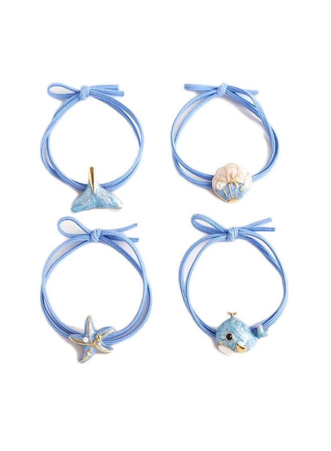 BBTDIN Summer Hair Tie Beach Ponytail Holder Shell Starfish Hair Rope Band Ocean Hair Rings Tie BW19 (4 Pcs-Set) - Image 1