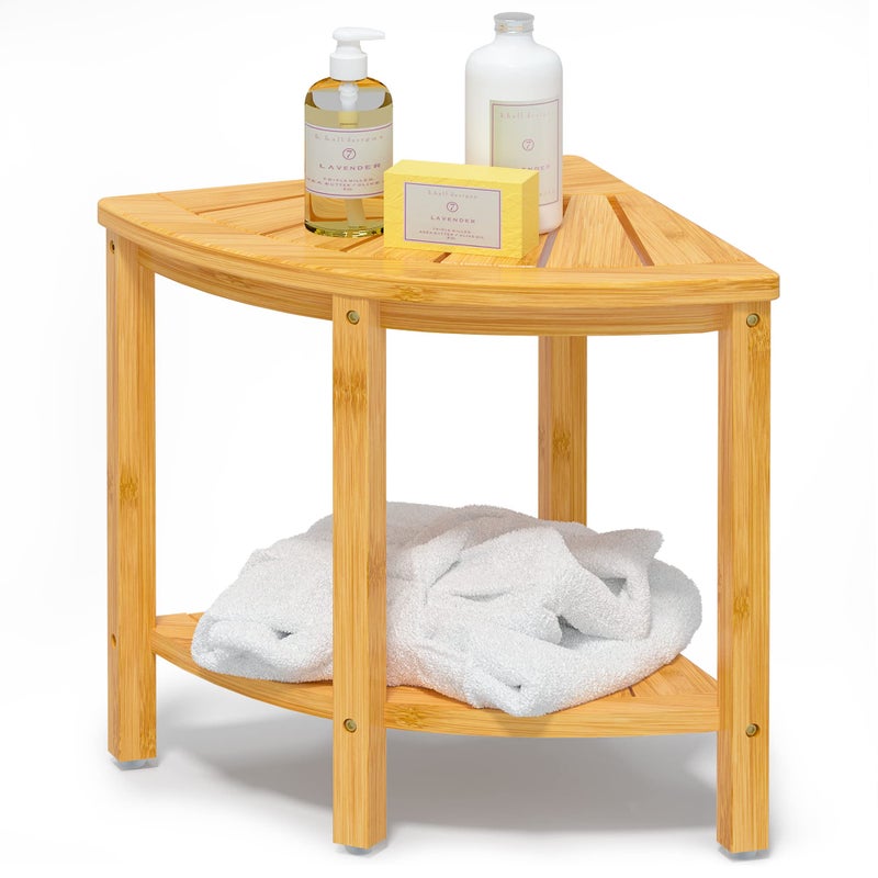 Bamfan Bamboo Corner Shower Bench Waterproof Stool with Space-Efficient Storage Shelf - Shower Stool Seat for Indoor or Outdoor Use - Image 1
