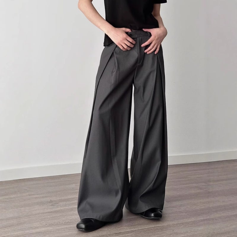 American High Street Retro Gray Pleated Scimitar Casual Pants Versatile Street Loose Wide-Leg Drape Floor-Length Suit Pants
