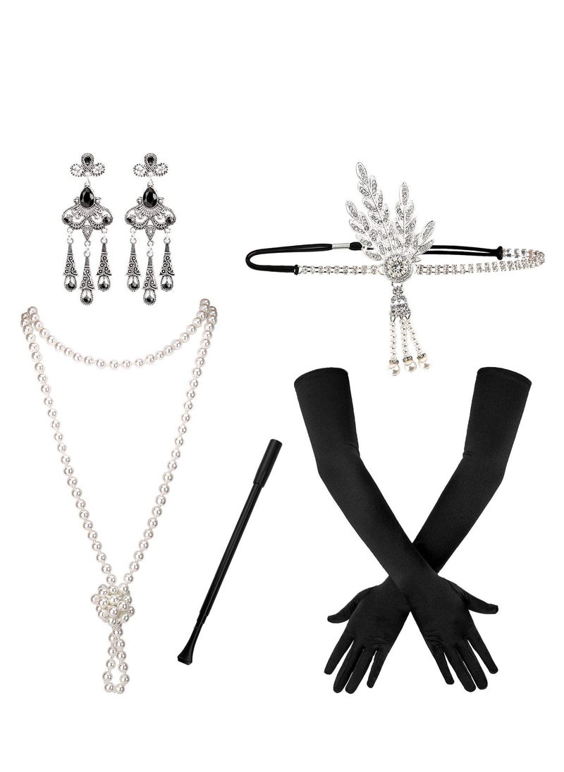 KASTWAVE 5pcs 1920s Flapper Accessories 20s Gatsby Costume Accessories Set for Women Headband Earrings Pearl Necklace Gloves  - Image 1
