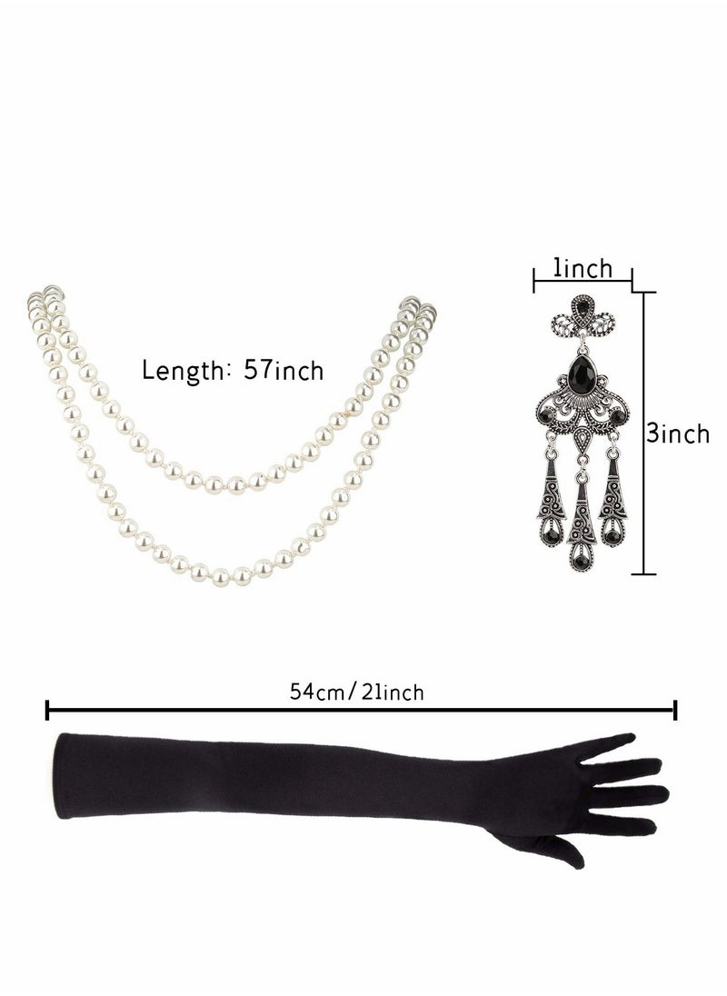 KASTWAVE 5pcs 1920s Flapper Accessories 20s Gatsby Costume Accessories Set for Women Headband Earrings Pearl Necklace Gloves  - Image 4