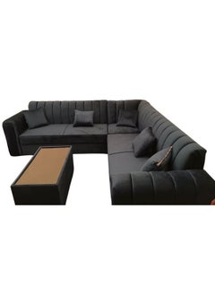 مهارة البحر طقم أريكة مخملية على شكل حرف L مع وسادة وطاولة أزرق داكن / -250X80X80  - Image 1