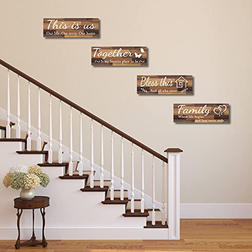IDATOO 4 PCS Home Wall Decor Signs, IDATOO Rustic Wooden Living Room Hanging Decorations with Quotes THIS IS US/TOGETHER/BLESS THIS/FAMILY, Housewarming Gifts for Wedding Kitchen (Brown, 15 x 5.1 inch) - Image 3