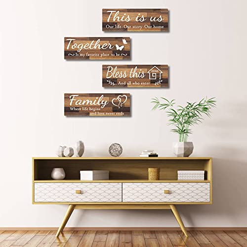 IDATOO 4 PCS Home Wall Decor Signs, IDATOO Rustic Wooden Living Room Hanging Decorations with Quotes THIS IS US/TOGETHER/BLESS THIS/FAMILY, Housewarming Gifts for Wedding Kitchen (Brown, 15 x 5.1 inch) - Image 4