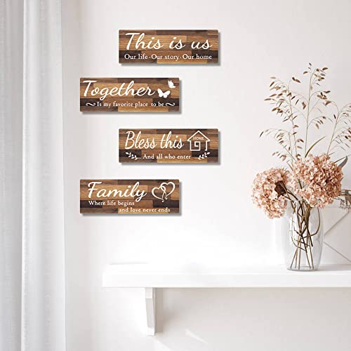IDATOO 4 PCS Home Wall Decor Signs, IDATOO Rustic Wooden Living Room Hanging Decorations with Quotes THIS IS US/TOGETHER/BLESS THIS/FAMILY, Housewarming Gifts for Wedding Kitchen (Brown, 15 x 5.1 inch) - Image 5