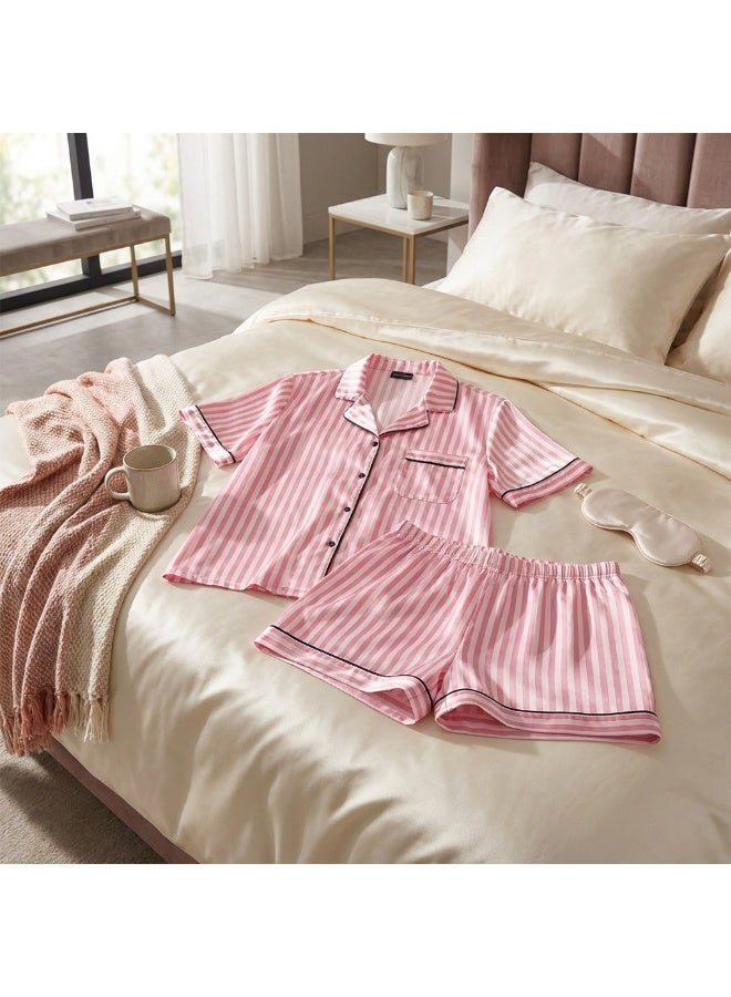 LADY Plus Size Satin Pajama Set for Women – Striped Sleepwear, Button Down Half Sleeve Shirt & Shorts 2 Piece Nightwear - Image 1
