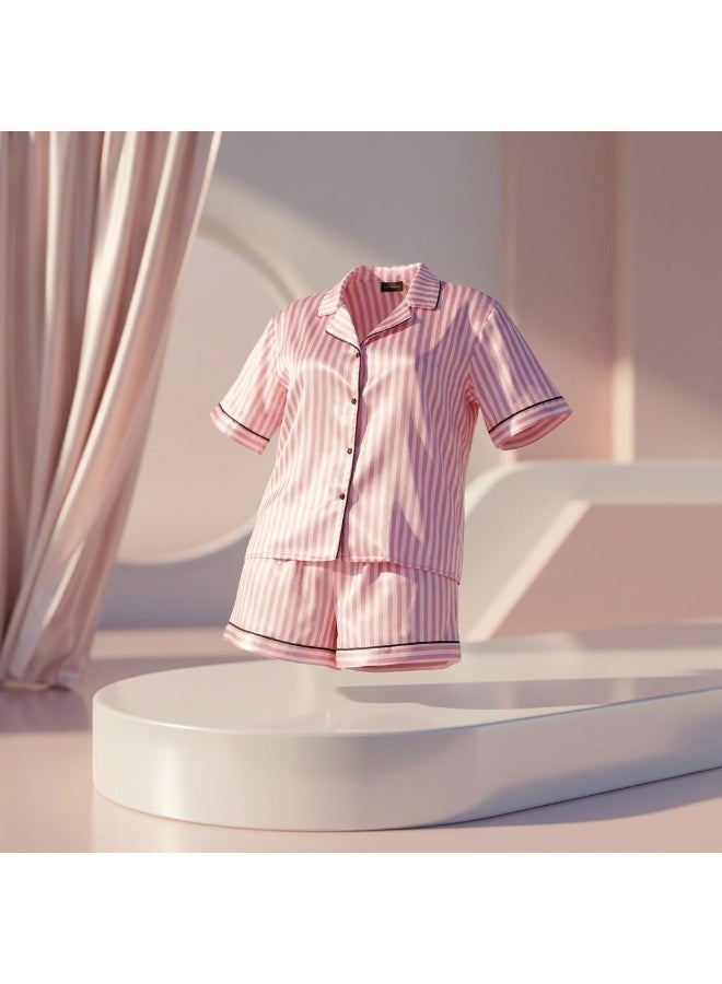 LADY Plus Size Satin Pajama Set for Women – Striped Sleepwear, Button Down Half Sleeve Shirt & Shorts 2 Piece Nightwear - Image 2