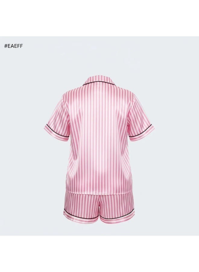 LADY Plus Size Satin Pajama Set for Women – Striped Sleepwear, Button Down Half Sleeve Shirt & Shorts 2 Piece Nightwear - Image 4