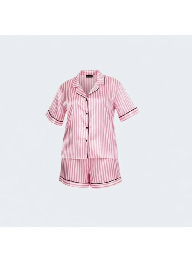 LADY Plus Size Satin Pajama Set for Women – Striped Sleepwear, Button Down Half Sleeve Shirt & Shorts 2 Piece Nightwear - Image 3