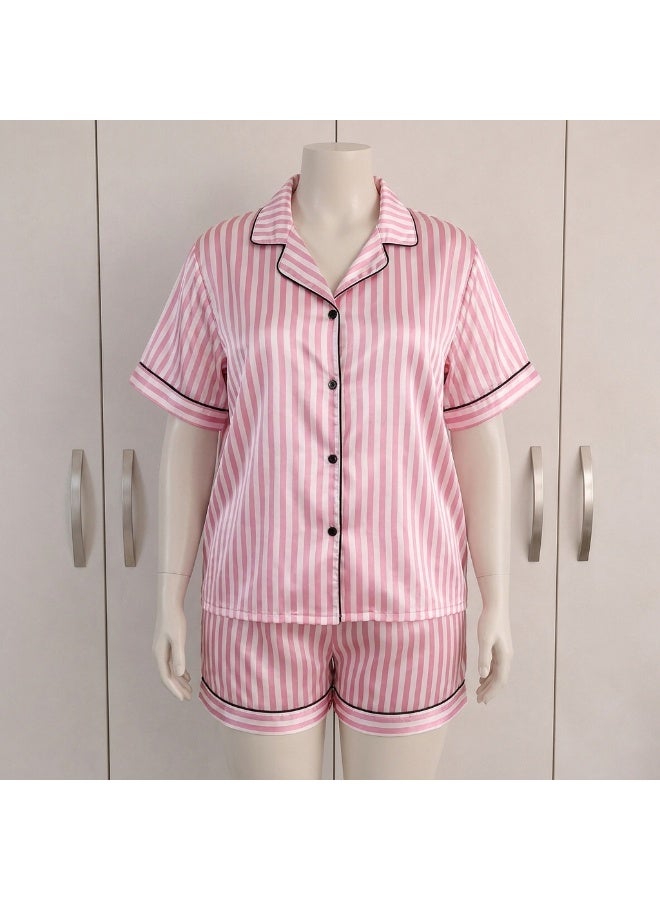 LADY Plus Size Satin Pajama Set for Women – Striped Sleepwear, Button Down Half Sleeve Shirt & Shorts 2 Piece Nightwear - Image 2