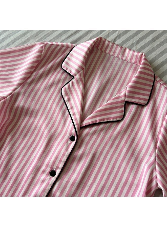 LADY Plus Size Satin Pajama Set for Women – Striped Sleepwear, Button Down Half Sleeve Shirt & Shorts 2 Piece Nightwear - Image 3