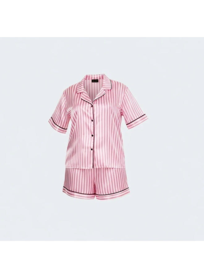 LADY Plus Size Satin Pajama Set for Women – Striped Sleepwear, Button Down Half Sleeve Shirt & Shorts 2 Piece Nightwear - Image 4