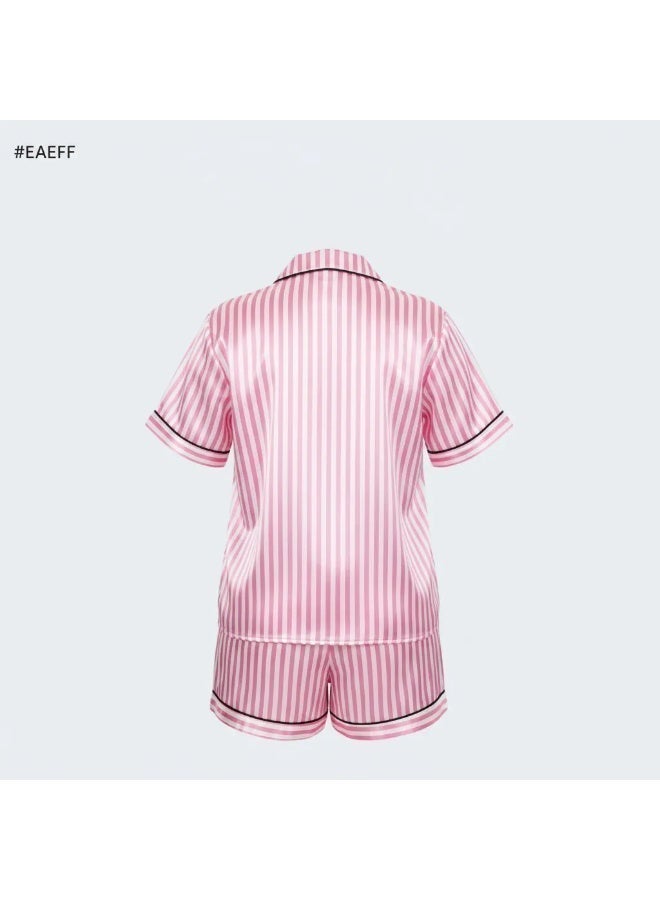 LADY Plus Size Satin Pajama Set for Women – Striped Sleepwear, Button Down Half Sleeve Shirt & Shorts 2 Piece Nightwear - Image 5