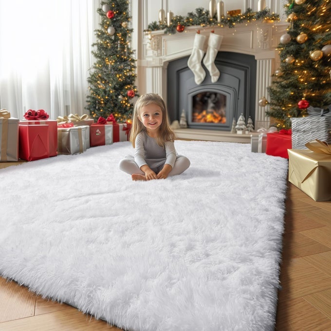 WHITE AREA RUGS FOR BEDROOM SHAG FLUFFY RUG FOR LIVING ROOM MODERN FURRY SHAGGY THROW RUG FOR KIDS ROOM TEEN GIRLS DORM BABY NURSERY CUTE FUZZY FUR WHITE CARPET 4X6 RUG HOME DECOR