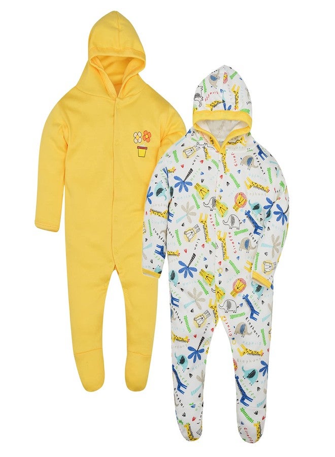 Magic Town Front Open Full Sleeves Sleepsuit Hooded with Foot Easy Dressing and Diapering Romper Set of 2 (9-12 months, Yellow) - Image 1