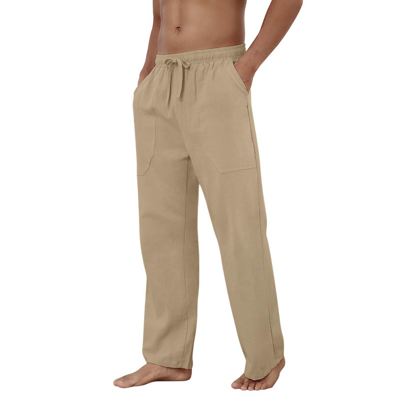 Puimentiua Cotton Linen Pants Men Casual Loose Fit Elastic Drawstring Waist Summer Beach Pants(Coffee,M) - Image 4