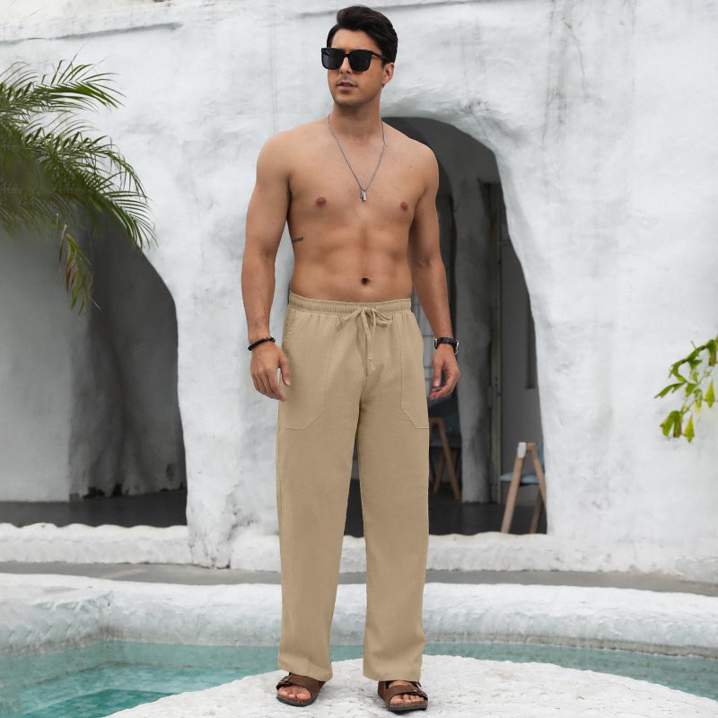 Puimentiua Cotton Linen Pants Men Casual Loose Fit Elastic Drawstring Waist Summer Beach Pants(Coffee,M) - Image 3