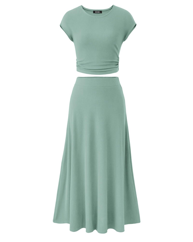 BTFBM Summer Outfits For Women 2026 Two Piece Sets Casual Crew Neck Short Sleeve Cropped Spring Tops Midi Skirt Lounge Set(Fruit Green, Medium) - Image 1