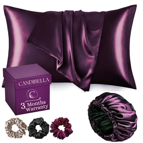 Candibella’s Satin Silk Pillow Covers for Hair and Skin, Pack of 2 Pillow Cover with 3 Scrunchies for Women with Silk Bonnet Cap, Luxurious Silk Pillow Covers with Envelope Closure, 400 TC (Mulberry) - Image 1