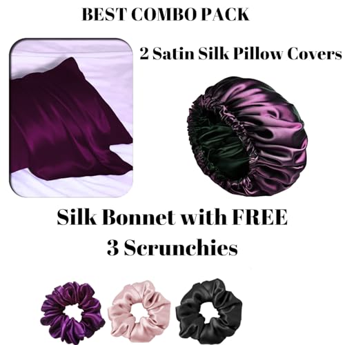 Candibella’s Satin Silk Pillow Covers for Hair and Skin, Pack of 2 Pillow Cover with 3 Scrunchies for Women with Silk Bonnet Cap, Luxurious Silk Pillow Covers with Envelope Closure, 400 TC (Mulberry) - Image 3