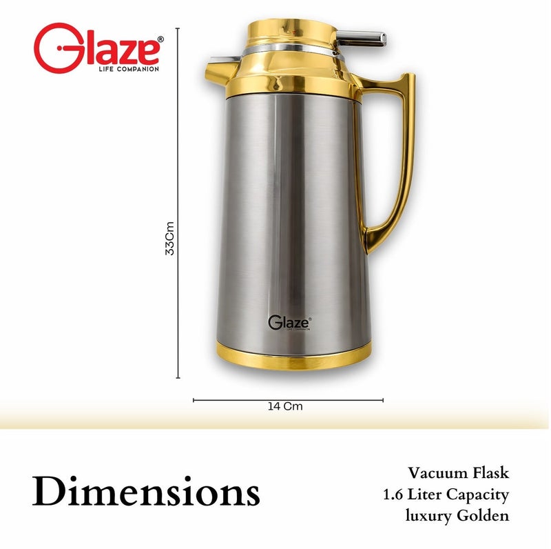 جليز إبريق حراري من الستانلس ستيل بسعة 1.6 لتر بعزل فراغي، إبريق للمشروبات الساخنة والباردة مع غطاء مانع للتسرب، مناسب لتقديم القهوة والشاي في المنزل والمكتب والسفر – تصميم فاخر باللون الذهبي - Image 4
