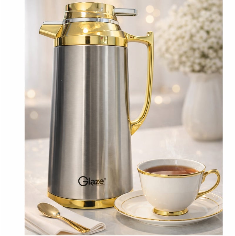 جليز إبريق حراري من الستانلس ستيل بسعة 1.6 لتر بعزل فراغي، إبريق للمشروبات الساخنة والباردة مع غطاء مانع للتسرب، مناسب لتقديم القهوة والشاي في المنزل والمكتب والسفر – تصميم فاخر باللون الذهبي - Image 5