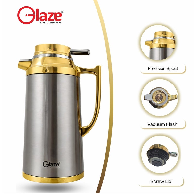 جليز إبريق حراري من الستانلس ستيل بسعة 1.6 لتر بعزل فراغي، إبريق للمشروبات الساخنة والباردة مع غطاء مانع للتسرب، مناسب لتقديم القهوة والشاي في المنزل والمكتب والسفر – تصميم فاخر باللون الذهبي - Image 2