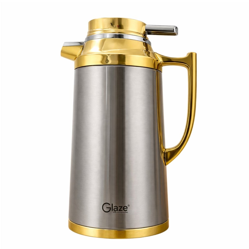 جليز إبريق حراري من الستانلس ستيل بسعة 1.6 لتر بعزل فراغي، إبريق للمشروبات الساخنة والباردة مع غطاء مانع للتسرب، مناسب لتقديم القهوة والشاي في المنزل والمكتب والسفر – تصميم فاخر باللون الذهبي - Image 1