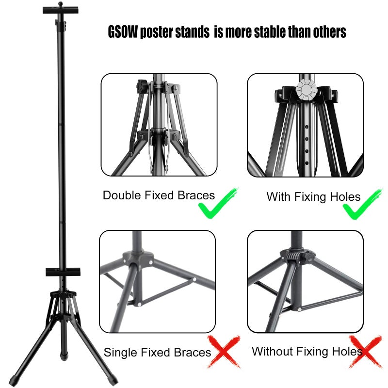GSOW Poster Stand for Display, 80'' Adjustable Sign Stand Tripod, Retractable Poster Board Stand Double-Sided Banner Stand, Foldable Floor Standing Sign Holder Signage Stand with Portable Bag, Black - Image 2