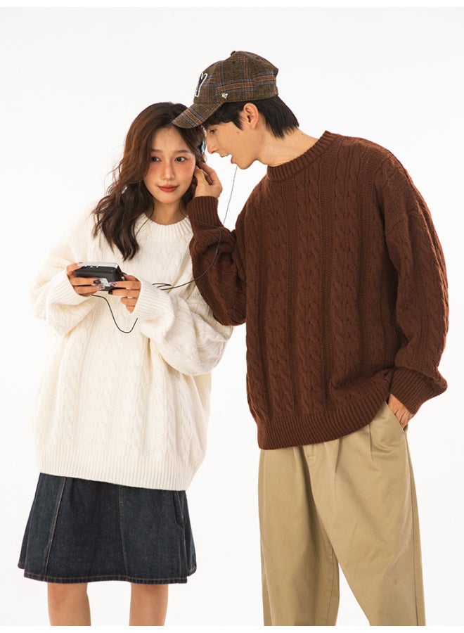 Hanlu Men's Solid Color Twisted Design Round Neck Sweater Men's And Women's Autumn And Winter Couple Loose Knitted Sweater Coat - Image 2