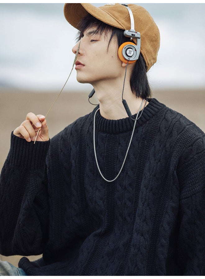 Hanlu Men's Solid Color Twisted Design Round Neck Sweater Men's And Women's Autumn And Winter Couple Loose Knitted Sweater Coat - Image 3