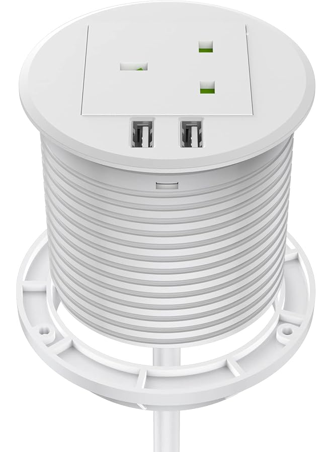erorex Desk Socket, Desktop Power USB Grommet 80mm Cut-Out Hole In Desk Power with 1 UK Plug, Power Socket Connect 6.56ft Extension Cord(White) - Image 1