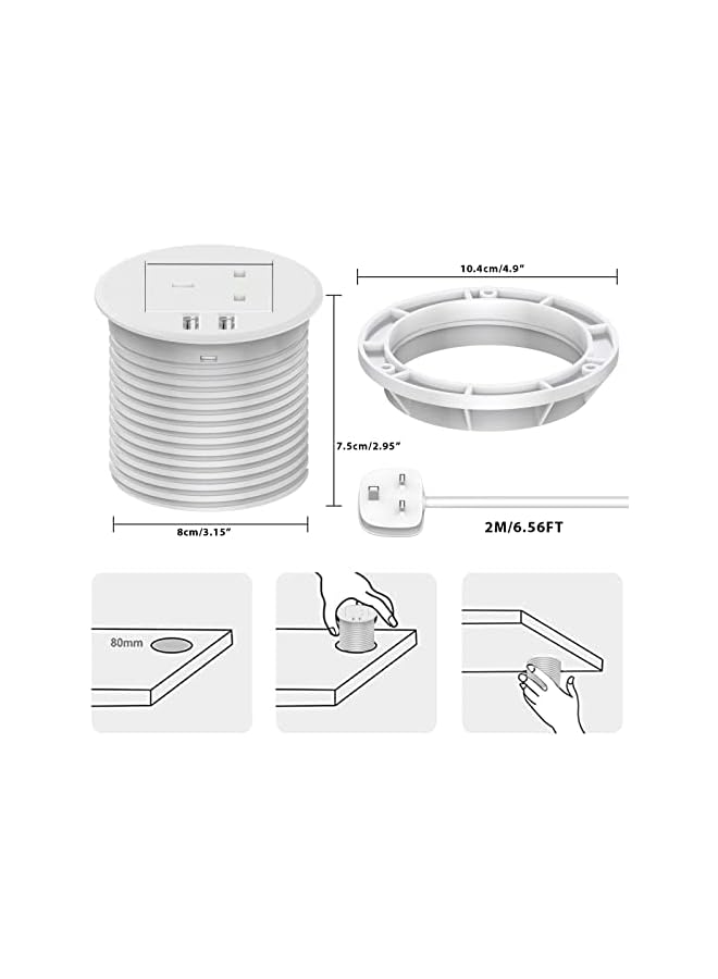erorex Desk Socket, Desktop Power USB Grommet 80mm Cut-Out Hole In Desk Power with 1 UK Plug, Power Socket Connect 6.56ft Extension Cord(White) - Image 3