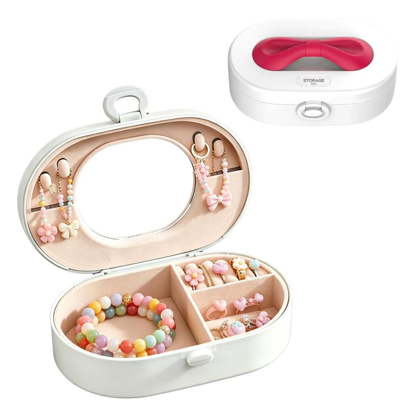 Travel Jewelry Case, Jewelry Box Organizer With Mirror, Necklace Ring Earring Desktop Storage for Girls, Cute Bowknot Decor, Portable, 6.5 x 4.4 x 2.4 Inches (White)