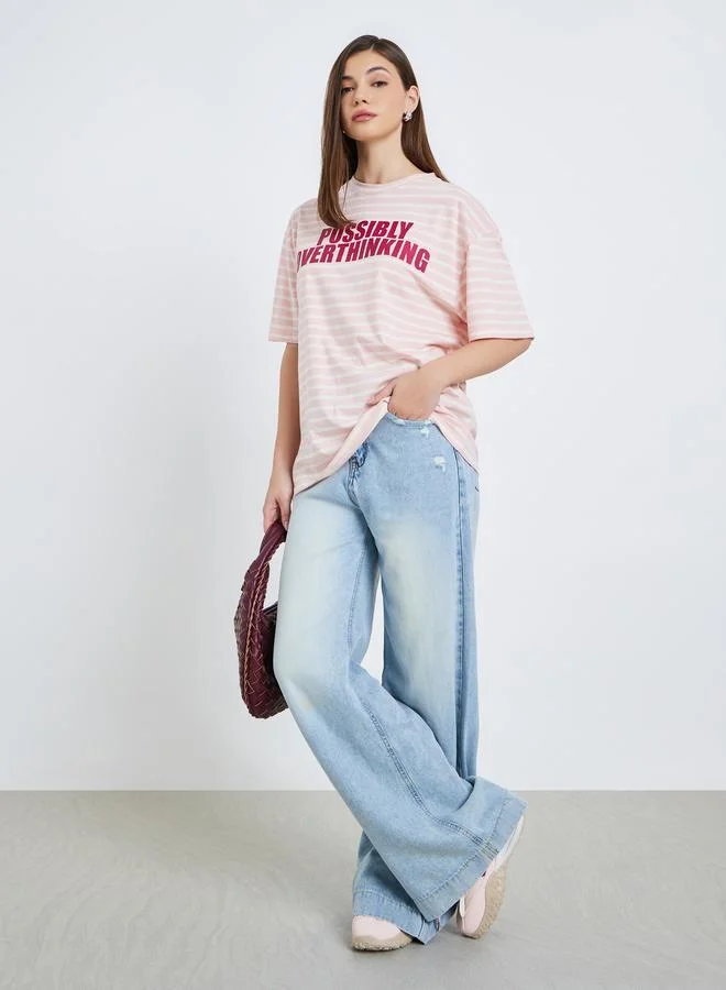 Styli Women Pink Striped Oversized T-Shirt