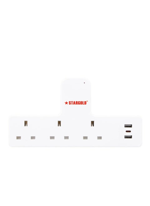 Multiple cord Extension Set Overload Protector Electric Charging Lead 3 Way Ac Output with 2 USB and 1 USB-C Port Anti-Fire 750⁰C, 13A Heavy Duty Charging Station- White