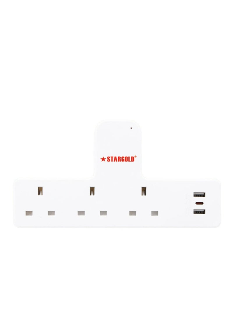 Stargold - Multiple cord Extension Set Overload Protector Electric Charging Lead 3 Way Ac Output with 2 USB and 1 USB-C Port Anti-Fire 750⁰C, 13A Heavy Duty Charging Station- White - Image 1