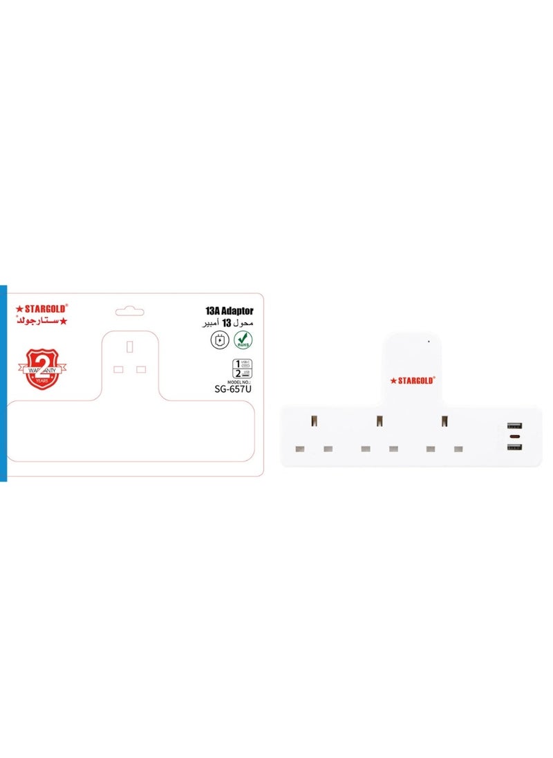 Stargold - Multiple cord Extension Set Overload Protector Electric Charging Lead 3 Way Ac Output with 2 USB and 1 USB-C Port Anti-Fire 750⁰C, 13A Heavy Duty Charging Station- White - Image 1