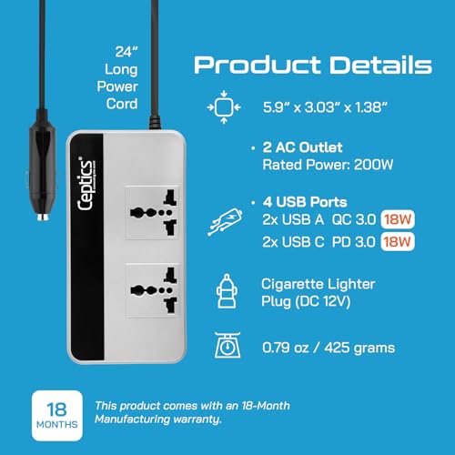 Ceptics 200W Car Laptop Charger/car Inverter with 2X Universal Outlet with SmartVoltage™ Technology, 12V DC to 220V-AC with 18 Months Warranty, 18W 2 USB-A, 2 USB-C with 18W QC 3.0 - Grey - Image 4