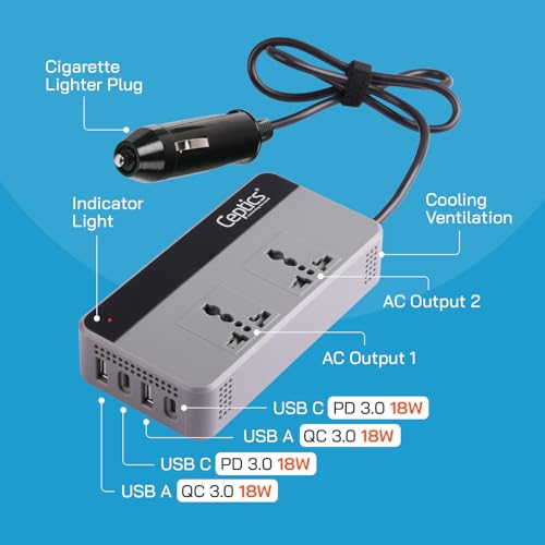 Ceptics 200W Car Laptop Charger/car Inverter with 2X Universal Outlet with SmartVoltage™ Technology, 12V DC to 220V-AC with 18 Months Warranty, 18W 2 USB-A, 2 USB-C with 18W QC 3.0 - Grey - Image 3