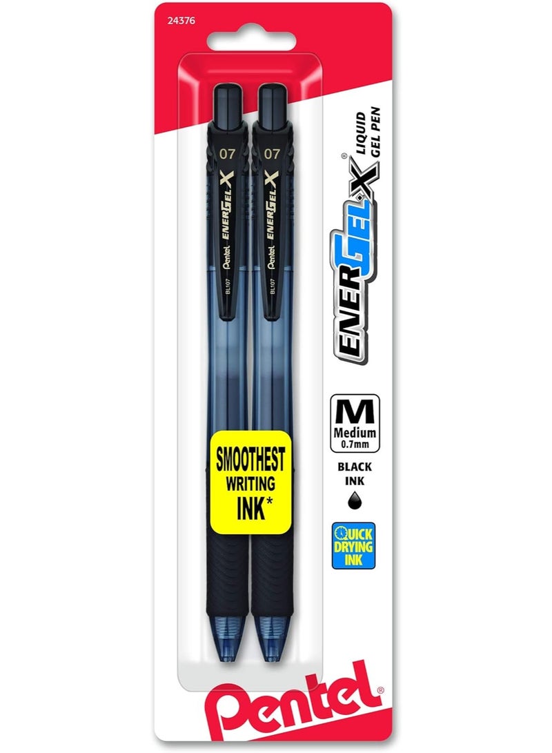 Pentel EnerGel-X Retractable Liquid Gel Pen 0.7mm, Metal Tip, Medium, Black Ink, Pack of 2 (BL107BP2A)