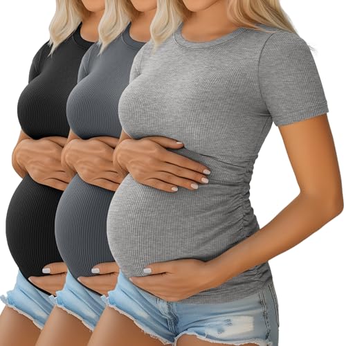Ficerd 3 Pack Womens Maternity Shirts Cotton Short Sleeve Pregnancy Tops Side Ruched Ribbed Casual Mama tees ClothesMediumDark Gray Light Gray Black - Image 1