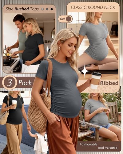 Ficerd 3 Pack Womens Maternity Shirts Cotton Short Sleeve Pregnancy Tops Side Ruched Ribbed Casual Mama tees ClothesMediumDark Gray Light Gray Black - Image 3