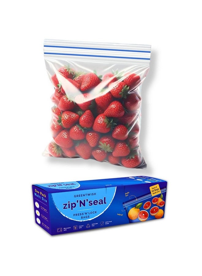GREENTWISH Zip 'N' Seal (Pack of 60) Double Seal Zip Lock Bags, Freezer/Microwave Safe, Reusable LDPE Transparent Freezer Bags, Small-20, Medium-20, Large-20 - Image 1