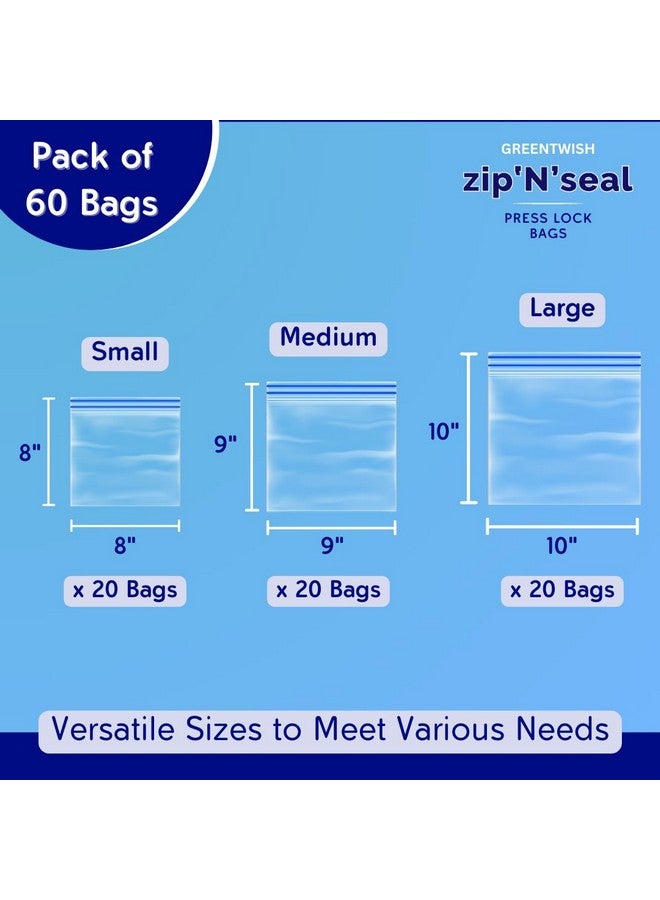 GREENTWISH Zip 'N' Seal (Pack of 60) Double Seal Zip Lock Bags, Freezer/Microwave Safe, Reusable LDPE Transparent Freezer Bags, Small-20, Medium-20, Large-20 - Image 2