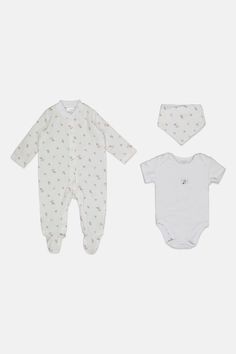 Rock-A-Bye Baby Boutique Toddlers Boy 3 Pieces Allover Print Bodysuit And Coverall And Bib Set, White - Image 2